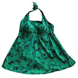 Lands End Swim Dress Womens 2X 20W-22W Green Tropical Palm Halter One Piece NWT